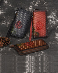 Womens Rose Flower Black Leather Zip Around Wallet Wristlet Wallet Flower Ladies Zipper Clutch Wallet for Women