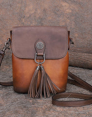 Vintage Small Leather Womens Vertical Shoulder Bag With Tassels Handmade Crossbody Purse for Ladies