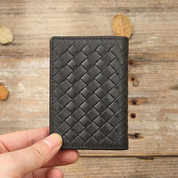 Black Braided Leather Mens Small Wallets Bifold - Back View