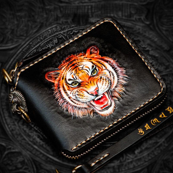 Hand painted tiger face on black leather zip-around biker wallet with white stitching