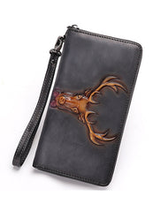 Vintage Reindeer Gray Leather Wristlet Wallets Womens Zip Around Wallet Reindeer Ladies Zipper Clutch Wallets for Women