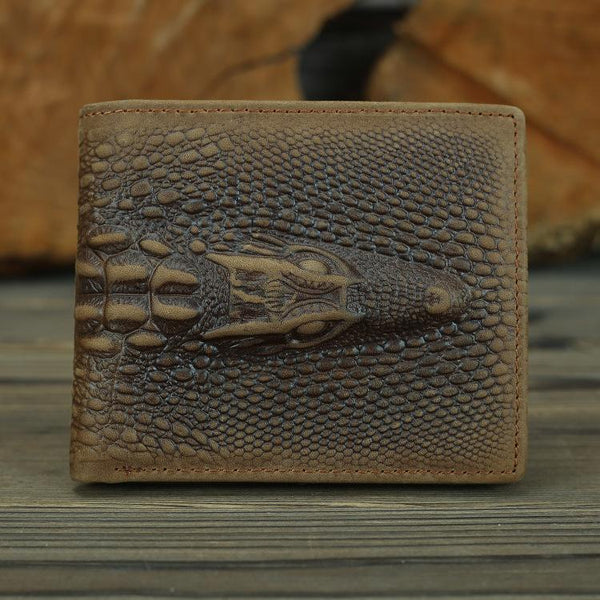 Crocodile pattern leather billfold wallet with 3D crocodile head relief, front view
