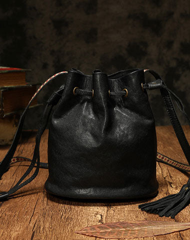 Fashion Leather Brown Bucket Shoulder Bag Barrel Purse With Tassels For Women