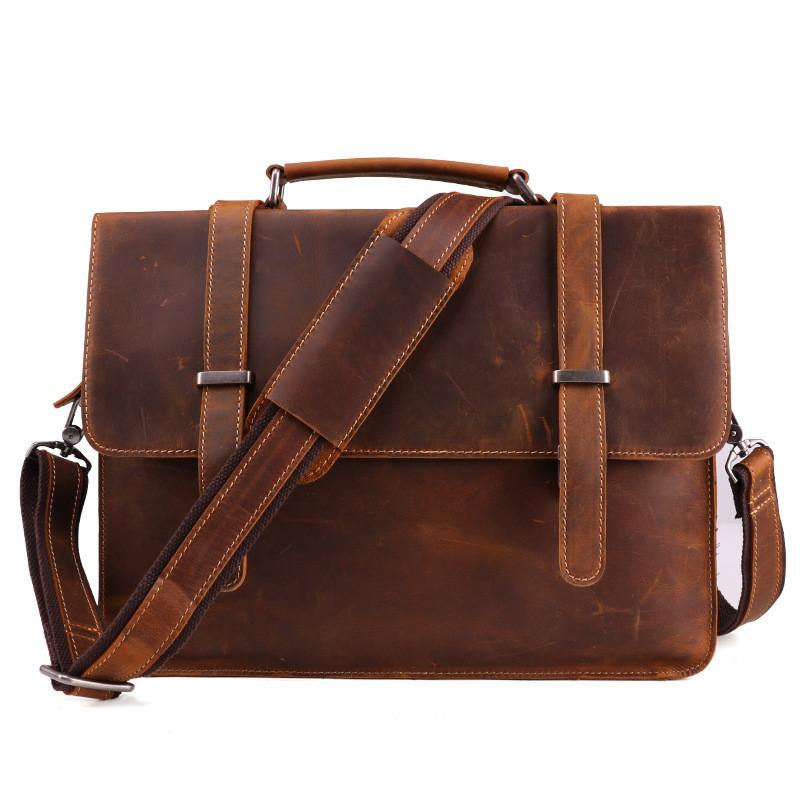 Vintage Brown Leather Men's Professional Briefcase Handbag 14‘’ Laptop Briefcase For Men