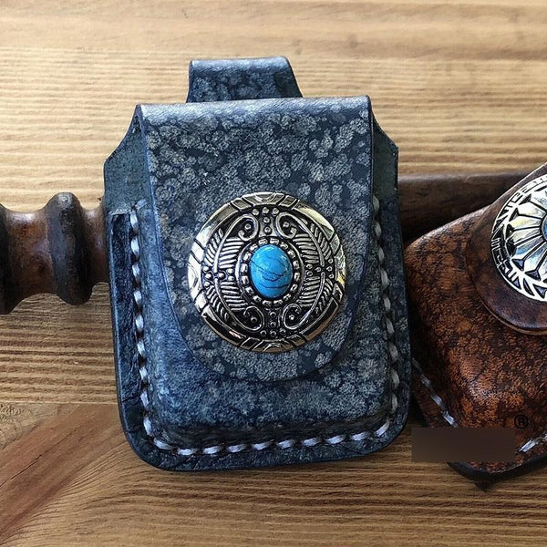 Handmade Mens Blue Leather Classic Zippo Lighter - Back View