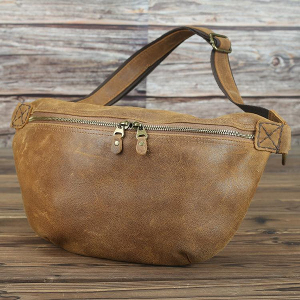 Tan Leather Fanny Pack Men's Brown Chest - Back View