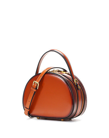 Cute Womens Brown Leather Half Round Handbag Crossbody Purse Round Brown Shoulder Bag for Women