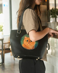 Handmade Womens Black Leather Tote Handbag Purse Ginger Cat Tote Bag for Women