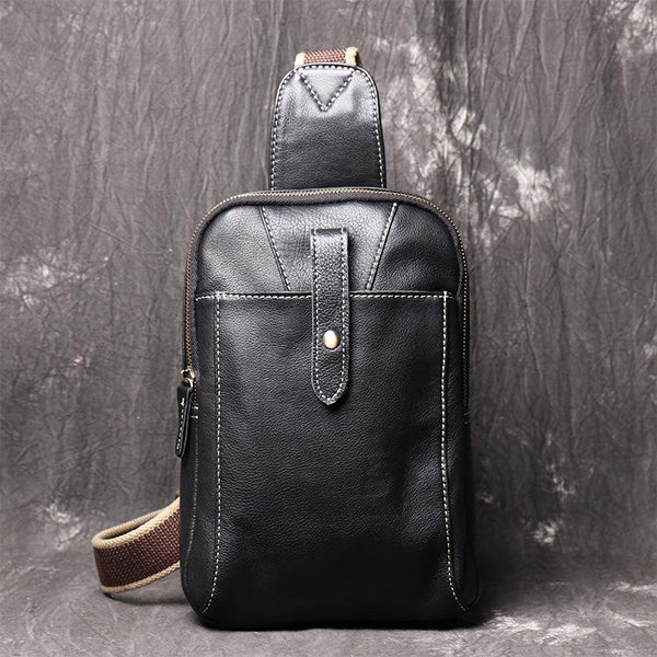 Fashion Black Leather Sling Backpack Men's Sling Bag Black Chest Bag One shoulde FY01682181