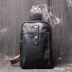 Fashion Black Leather Sling Backpack Men's Sling Bag Black Chest Bag One shoulder Backpack Black Sling Pack For Men