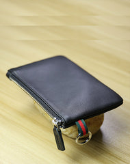 Women Navy Leather Mini Zip Wallet with Keychain Billfold Slim Coin Wallet Small Zip Change Wallet For Women