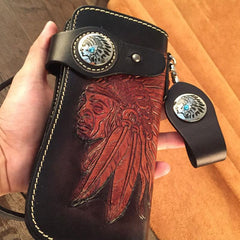 Handmade Leather Tooled Indian Chief Mens Chain Biker Wallet Cool Leather Wallet Long Wallet for Men