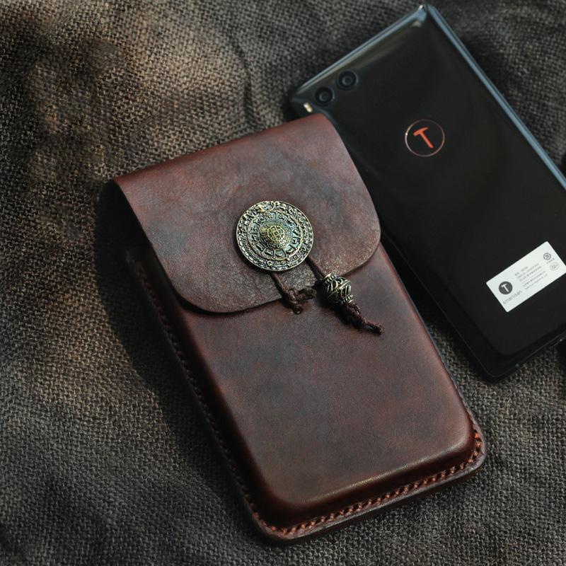 Cool Handmade Coffee Leather Mens Holster 6" Cellphone case phone pocket With Belt Loop For Men