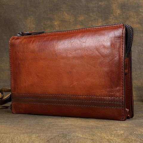 Handmade Brown Leather Mens Long Wallet Wristlet Wallet Brown Zipper Clutch Wallet for Men