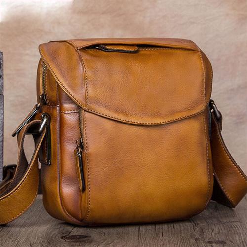 Brown Mens Leather Vintage Vertical Small Messenger Bags Small Side Bag Blue Courier Bag for Men