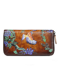 Womens Wisteria Flower Brown Leather Zip Around Wallet Wristlet Wallet Flower Ladies Zipper Clutch Wallet for Women