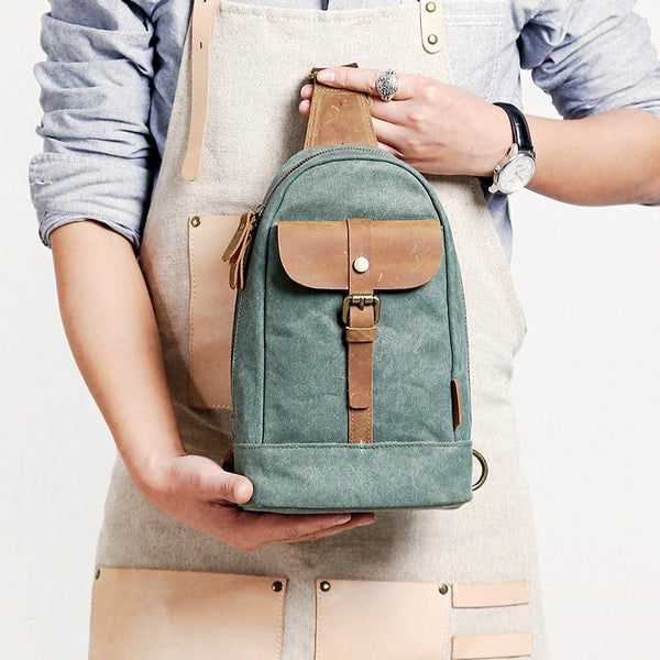 Canvas Leather Mens Sling Backpack Black Chest - Back View