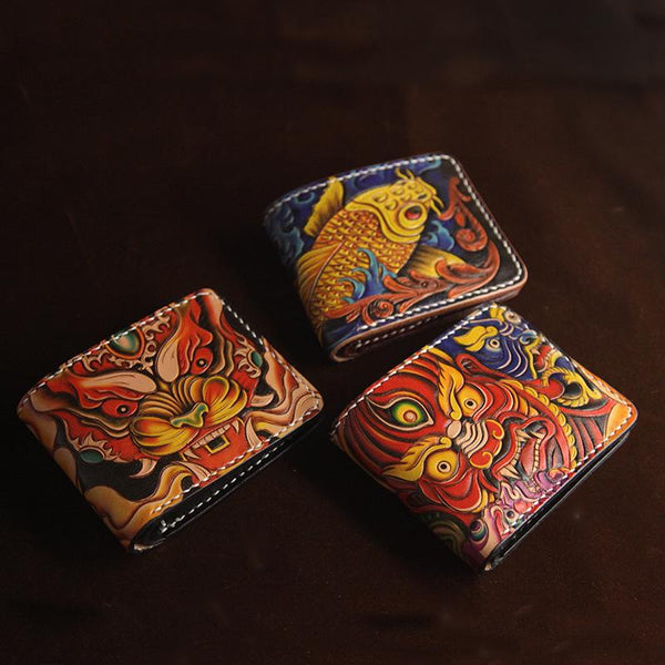 Back of hand tooled skull leather billfold wallet with red roses, hand painted