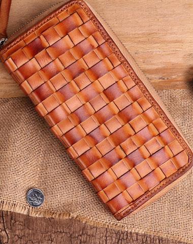 Cool Tan Mens Leather Long Wallet Braided Zipper Long Wallet for Men