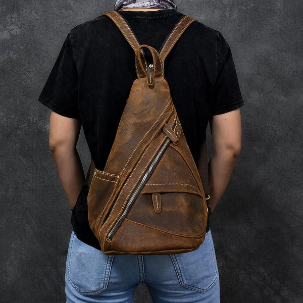 Vintage Leather Mens 16" Backpack Sling Bag Brown Chest Bag One Shoulder Backpac 24J02981036