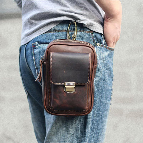 Black Vintage Leather Mens Mini Messenger Bag Waist Bag Dark Brown Belt Pouch Bag For Men