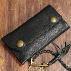 Cool Leather Mens Black Long Chain Wallet Brown Long Trifold Biker Wallet for Men