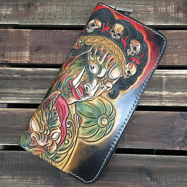 Handmade Black Mahakala Wolf Tooled Leather Long - Back View
