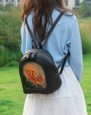 Handmade Ladies Black Leather Small Backpack Fox Tooled Womens Leather Rucksack