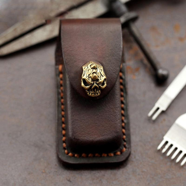 Skull Handmade Leather Mens Dunhill Lighter Case - Back View