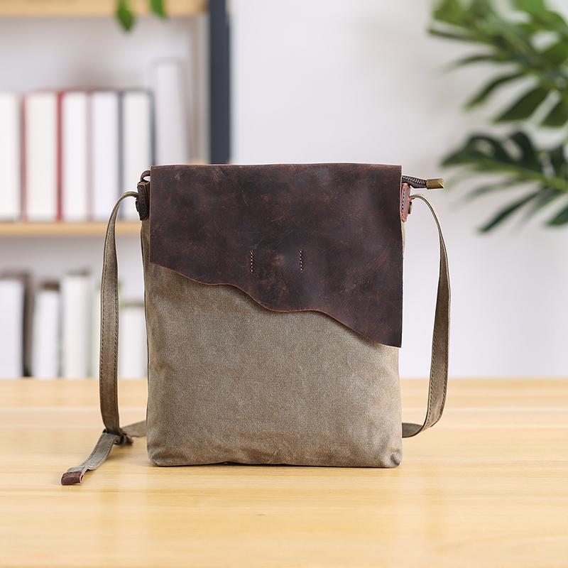 Leather Canvas Mens 12" Side Bag Vertical Courier Bag Gray Postman Bag Messenger Bag for Men