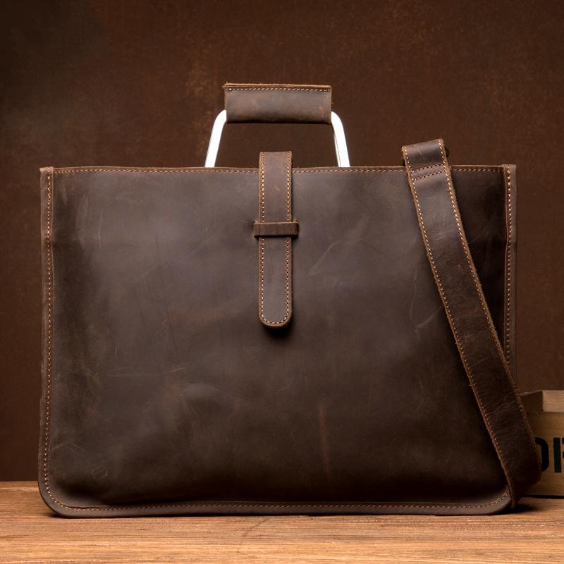 Cool Dark Brown Leather Mens 12 inches Briefcase Laptop Bag Business Side Bags Work Bag for Men