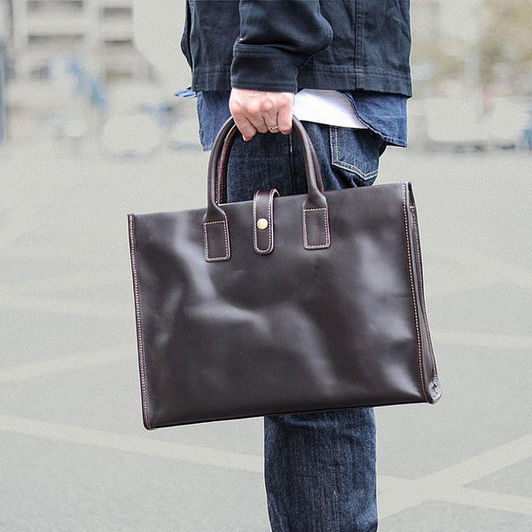 Vintage Black Mens Leather Briefcase Work Handbags - Back View