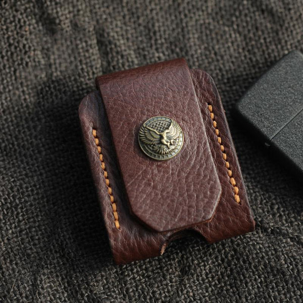 Cool Coffee Handmade Leather Mens Zippo Lighter - Back View