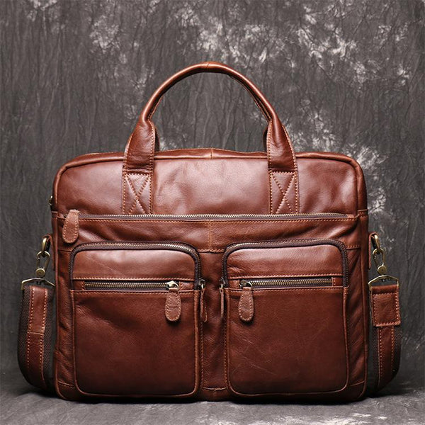 Brown Oiled Leather Men's Brown Professional Briefcase - Back View