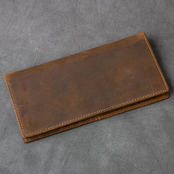 Vintage Brown Leather Mens Bifold Long Wallet