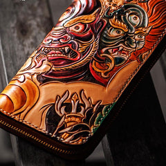 Handmade Leather Tooled Mahākāla Mens Zipper Long Wallet Cool Leather Wristlet Wallet for Men