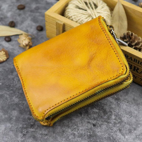 Brown Leather Men's Yellow Zipper Camel Small Wallet Bifold billfold Card Wallet FY01091106
