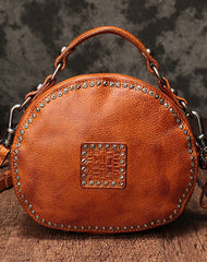 Vintage Brown Leather Womens Round Handbag Black Shoulder Circle Bag Purse For Women