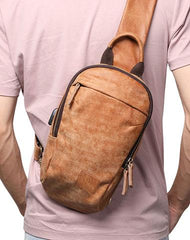 Cool Brown Mens Leather One Shoulder Backpack Chest Bag Sling Bag For Men