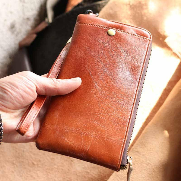 Black Leather Mens Long Wallet Zipper Clutch - Back View
