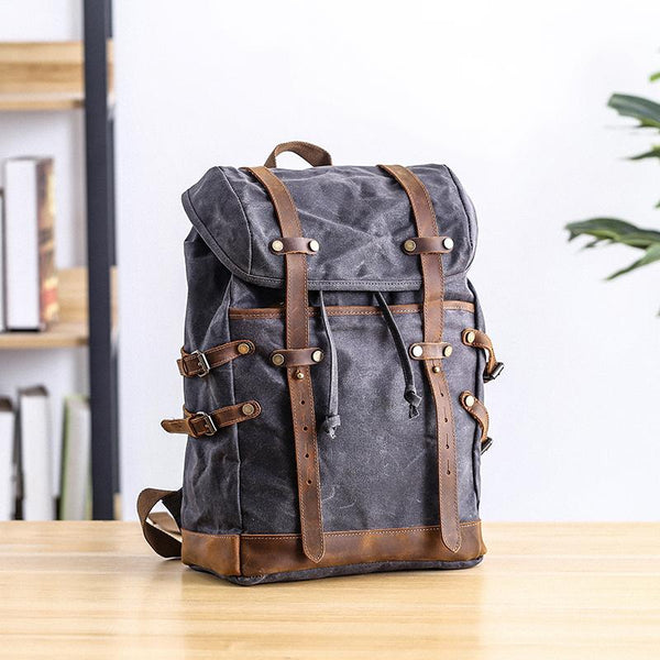 Cool Canvas Leather Mens Womens Dark Gray Backpack Army Green Travel Backpack Co JCYC02191042