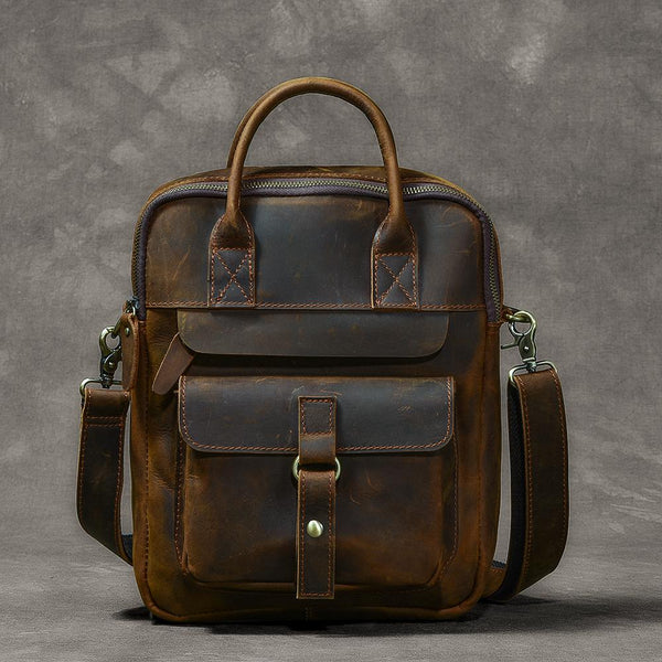Vintage Leather Mens 10'' Vertical Brown Briefcase Handbag Bag Shoulder Bag Side 24J02791080