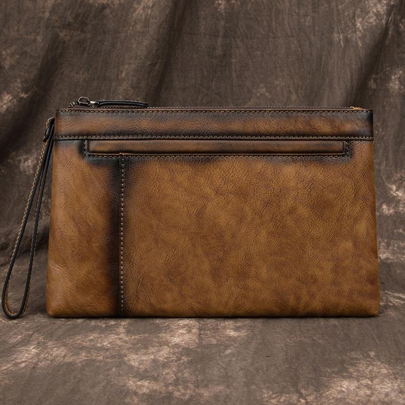 COOL MEN LEATHER Brown Wristlet Bag LONG CLUTCH WALLETS ZIPPER VINTAGE Tan Envelope Bag FOR MEN