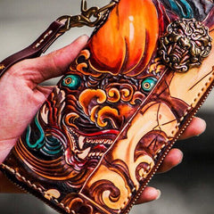 Handmade Leather Tooled Chinese Lion Mens Chain Biker Wallet Cool Leather Wallet Long Phone Wallets for Men