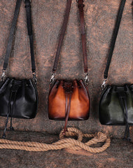Vintage Tan Leather Womens Bucket Shoulder Bags - Open View