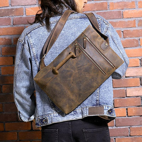 Coffee Leather Mens Cool Sling Bag Sling Shoulder Bags Chest Bags for men