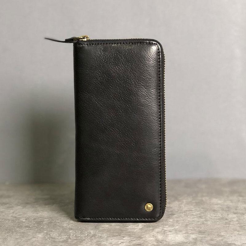 Genuine Leather Mens Cool Long Leather Wallet Zipper Clutch Wristlet Wallet for Men