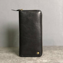 Genuine Leather Mens Cool Long Leather Wallet Zipper Clutch Wristlet Wallet for Men