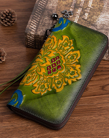 Vintage SunFlower Green Leather Wristlet Wallet Womens Flower Zip Around Wallets Flowers Ladies Zipper Clutch Wallet for Women