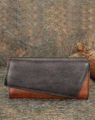 Green Womens Geometry Leather Trifold Long Wallet - Open View